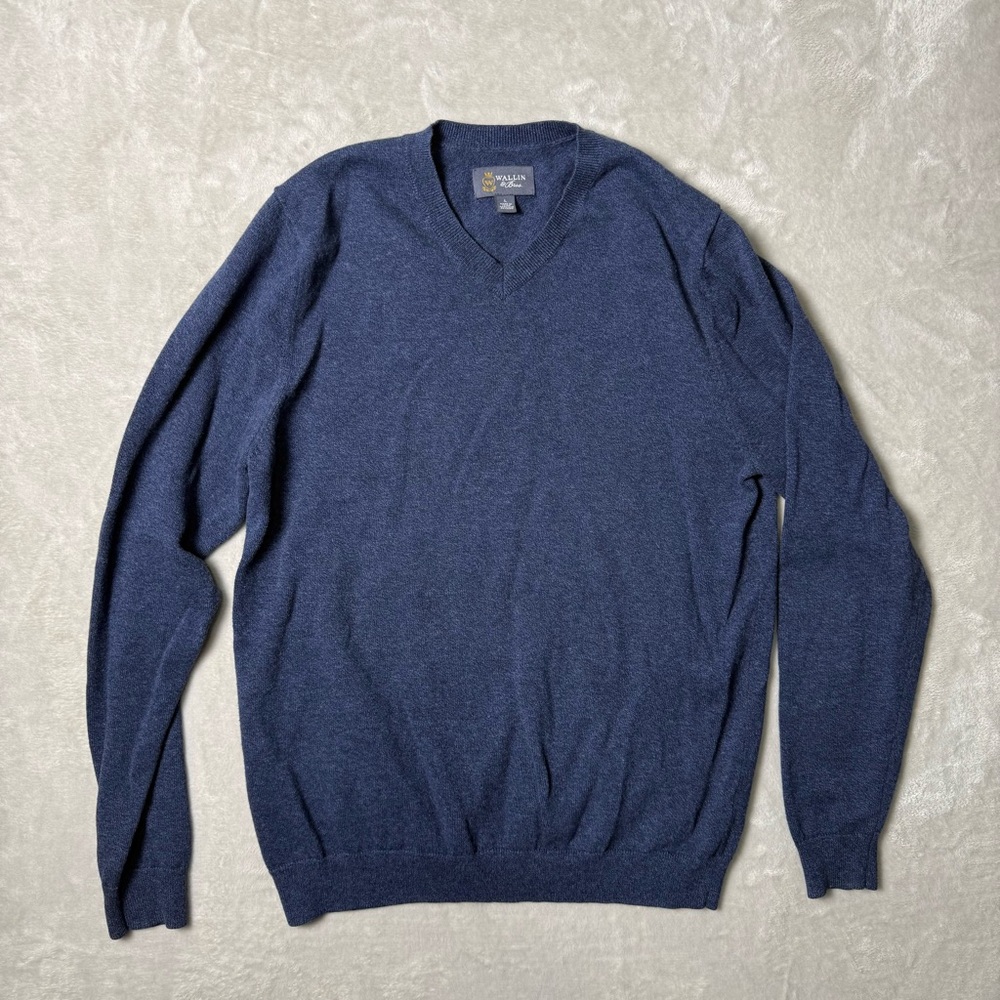 Wallin & Bros Navy Cotton Cashmere V-Neck Sweater Academia Size L